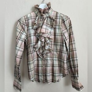 Ralph Lauren Ruffle Collared Button Down Beige Pink Plaid Blouse Petite